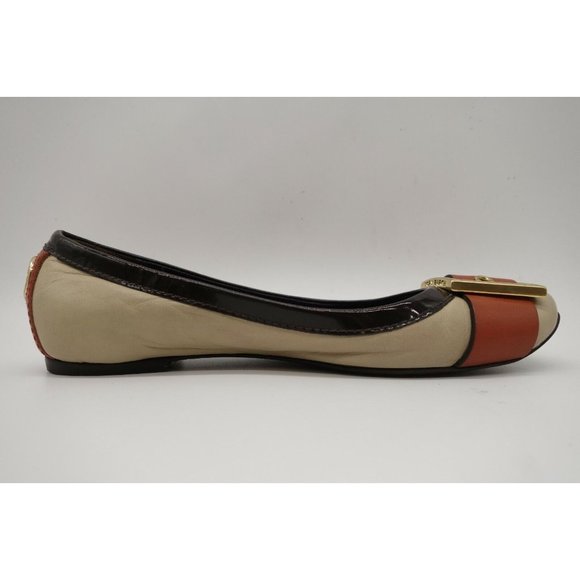 Tory Burch Logo Beige Orange Leather Buckle Toe Slip On Flats Shoes Women's 6 M - Picture 3 of 11